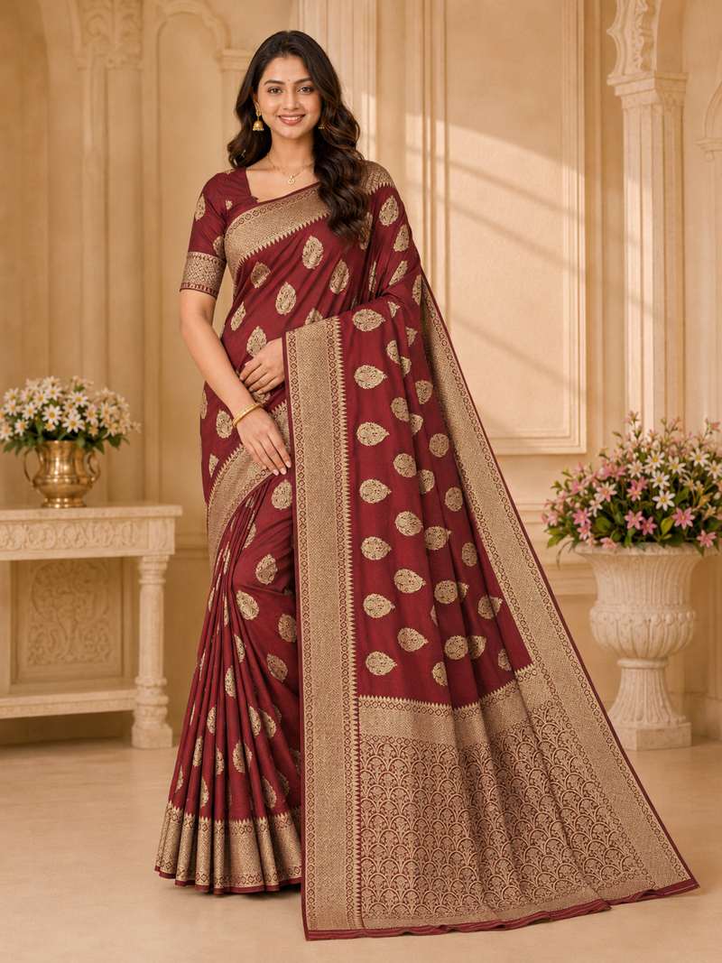 Deep Maroon Banarasi Silk Saree with Antique Gold Zari Pallu