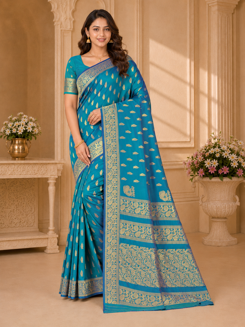 Turquoise Blue Banarasi Silk Saree with Royal Blue Golden Zari Pallu