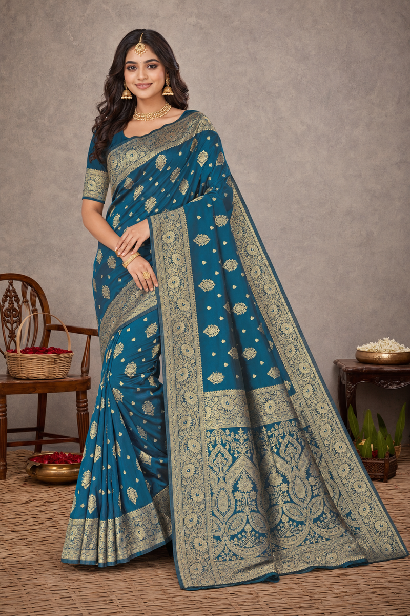 Peacock Blue Banarasi Silk Saree with Antique Gold Zari Pallu
