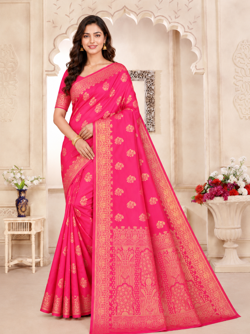 Rani Pink Banarasi Silk Saree with Ornate Golden Zari Pallu