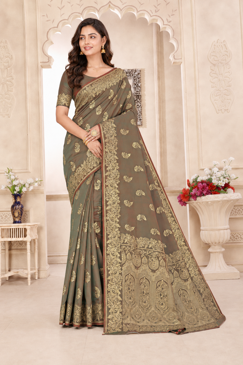 Antique Olive Banarasi Silk Saree with Maroon Golden Zari Pallu