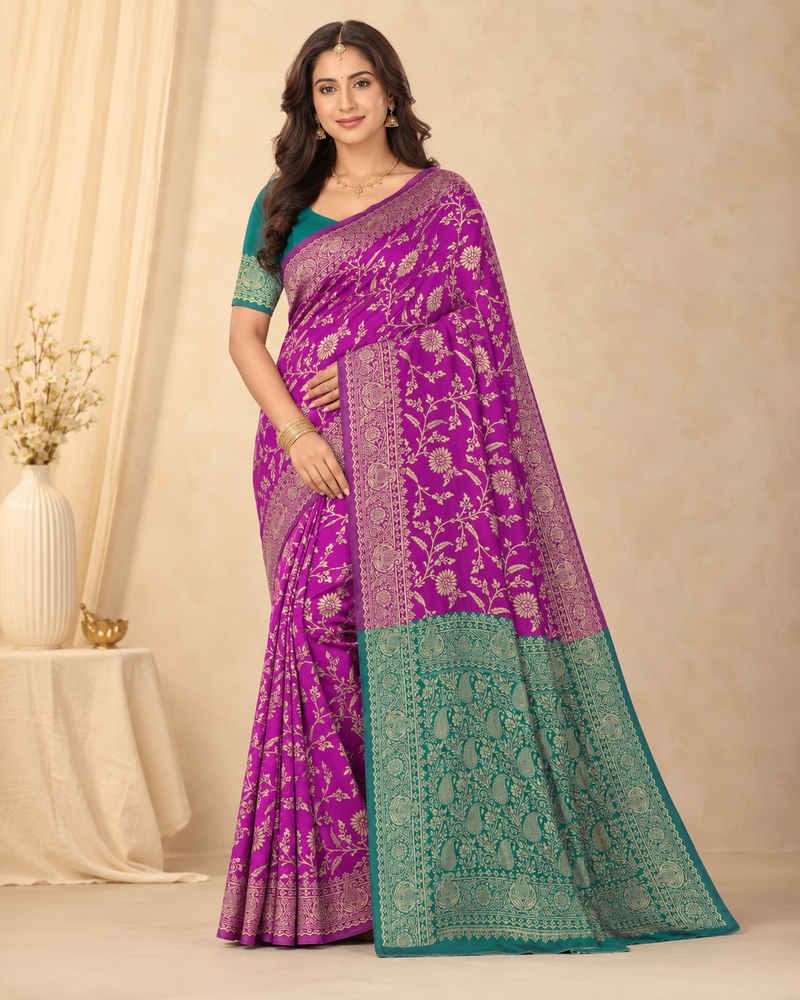 Elegant Magenta Banarasi Silk with Teal Green Zari Pallu
