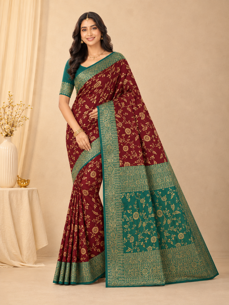 Elegant Wine Maroon Banarasi Silk Saree with Teal Green Zari Pallu