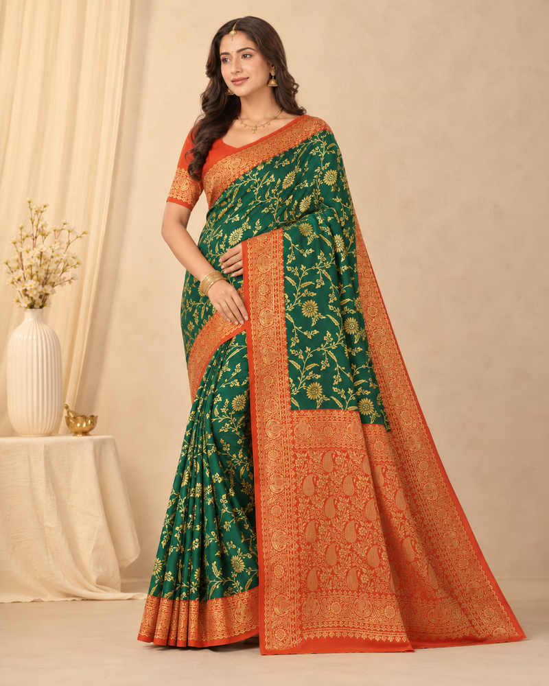 Elegant Emerald Green Banarasi Silk with Rust Orange Zari Pallu