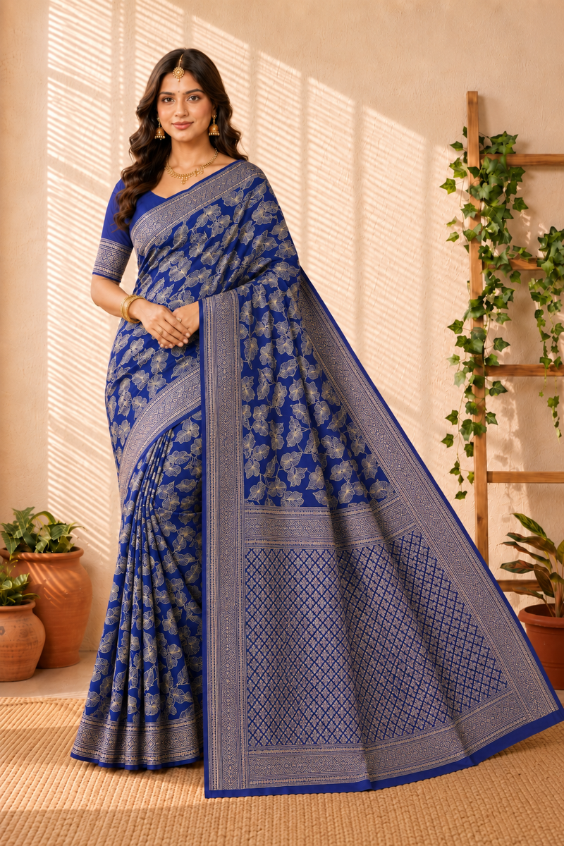 Graceful Royal Blue Banarasi Silk Saree with Golden Floral Jacquard Weave