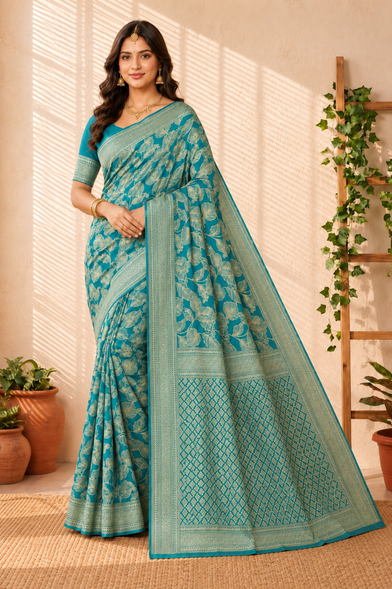 Majestic Teal Blue Banarasi Silk Saree with Golden Leaf Jacquard Weave
